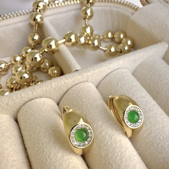 Hoop Earrings 14k Gold Plated Emerald CZ Stone Luxury Jewelry - Picture 3 of 10